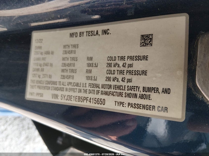 2023 Tesla Model 3 VIN 5YJ3E1EB5PF415650 IAAI salvage auction — NORMAL WEAR, Clear (Indiana), sold $4,650 on 2026-07-22 (photo 9)