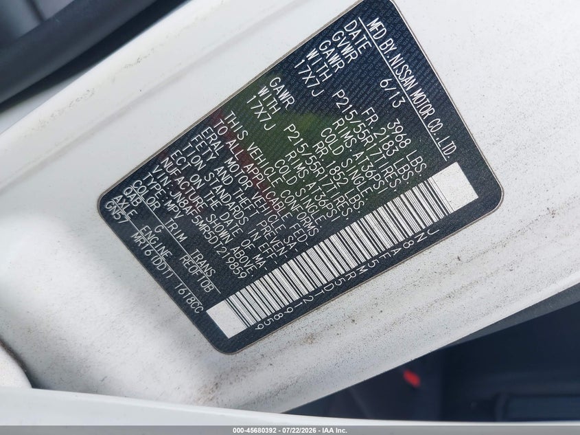 2013 Nissan Juke VIN JN8AF5MR5DT219859 IAAI salvage auction — UNKNOWN, Clear (South Carolina), sold $25 on 2026-07-28 (photo 9)