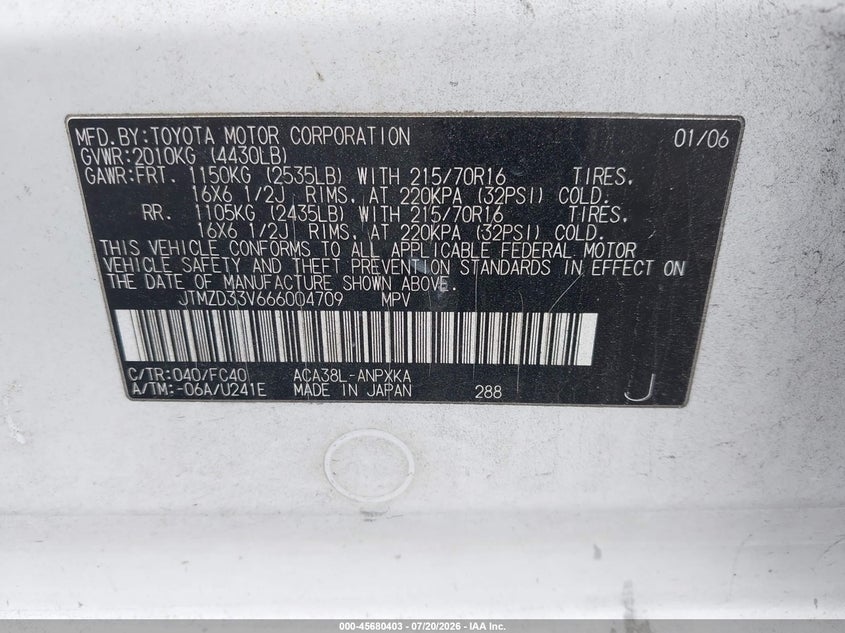 2006 Toyota Rav4 VIN JTMZD33V666004709 IAAI salvage auction — NORMAL WEAR, Clear (Florida), sold $1,200 on 2026-07-23 (photo 9)