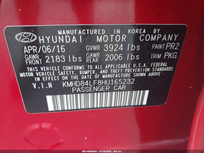 2017 Hyundai Elantra VIN KMHD84LF8HU165232 IAAI salvage auction — FRONT END, Clear (Florida), sold $775 on 2026-07-27 (photo 9)
