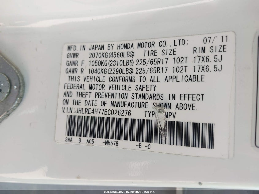 2011 Honda Cr-v VIN JHLRE4H77BC026276 IAAI salvage auction — NORMAL WEAR, Clear (Massachusetts), sold $1,100 on 2026-07-24 (photo 9)