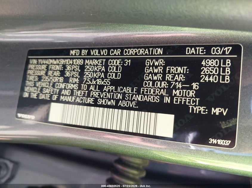 2017 Volvo V60 cross country VIN YV440MWK8H1041089 IAAI salvage auction — UNKNOWN, Salvage Title, sold $4,950 on 2026-08-24 (photo 9)