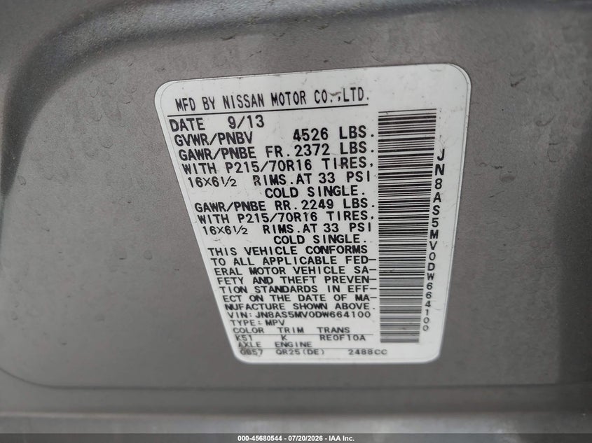 2013 Nissan Rogue VIN JN8AS5MV0DW664100 IAAI salvage auction — FRONT & REAR, Salvage (California), sold $25 on 2026-07-29 (photo 9)