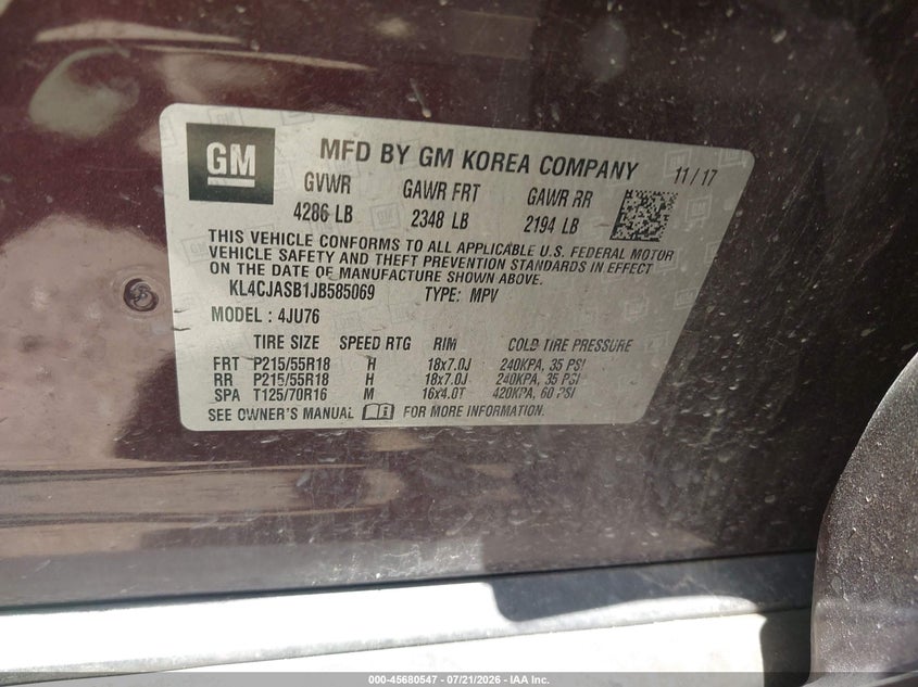 2018 Buick Encore VIN KL4CJASB1JB585069 IAAI salvage auction — FRONT END, Salvage Title, sold $1,225 on 2026-09-17 (photo 9)