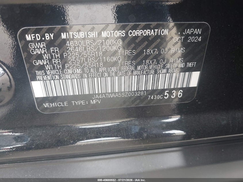 2025 Mitsubishi Eclipse cross VIN JA4ATWAA5SZ003281 IAAI salvage auction — SIDE, Salvage (Pennsylvania), sold $8,900 on 2026-09-08 (photo 9)