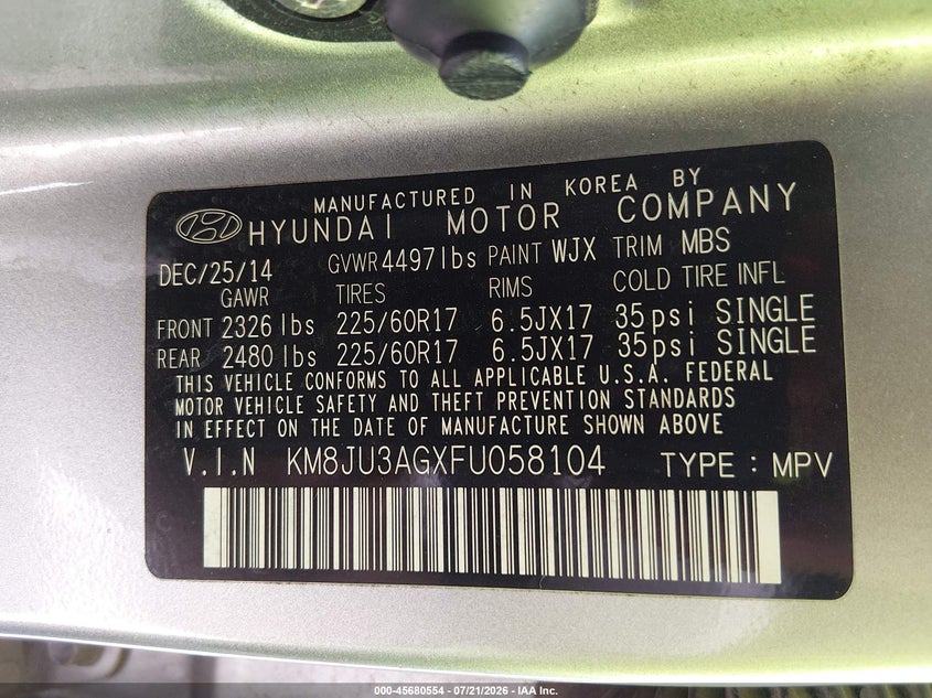 2015 Hyundai Tucson VIN KM8JU3AGXFU058104 IAAI salvage auction — FRONT END, Original (Texas), sold $875 on 2026-07-29 (photo 9)