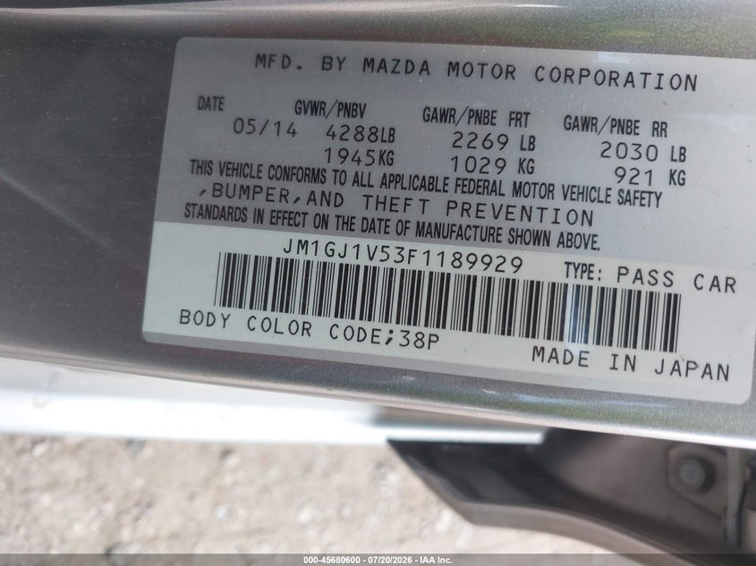 2015 Mazda 6 VIN JM1GJ1V53F1189929 IAAI salvage auction — NORMAL WEAR, Clear-Dealer Only (Arizona), sold $200 on 2026-07-28 (photo 9)