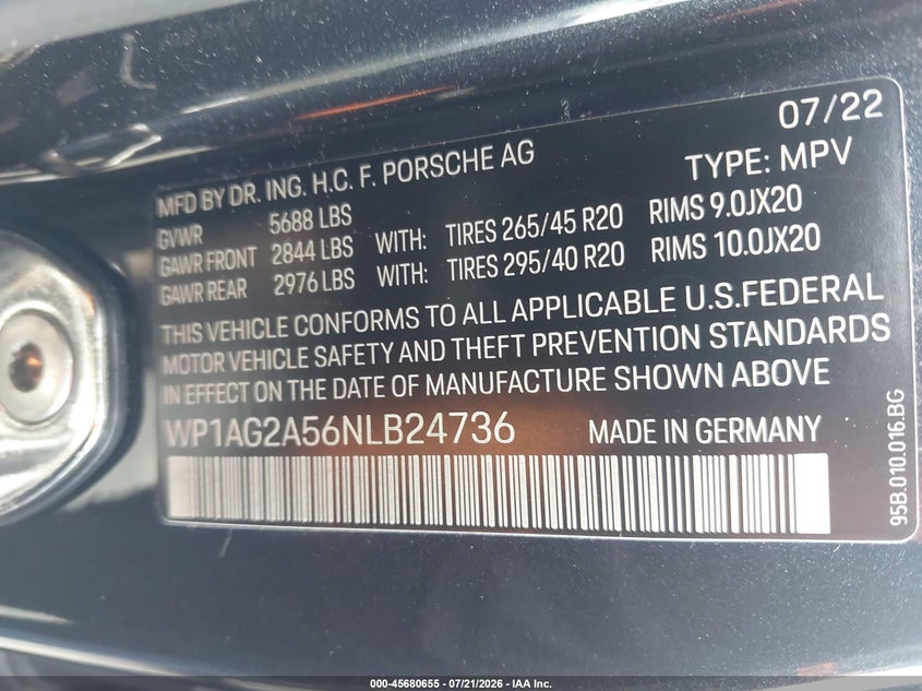 2022 Porsche Macan VIN WP1AG2A56NLB24736 IAAI salvage auction — FRONT END, Salvage Title, sold $24,000 on 2026-09-14 (photo 9)