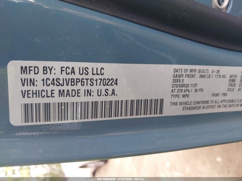 2026 Jeep Grand wagoneer VIN 1C4SJVBP6TS170224 IAAI salvage auction — FRONT END, Enterprise Vehicles Clear Only (California), sold $12,750 on 2026-07-30 (photo 9)
