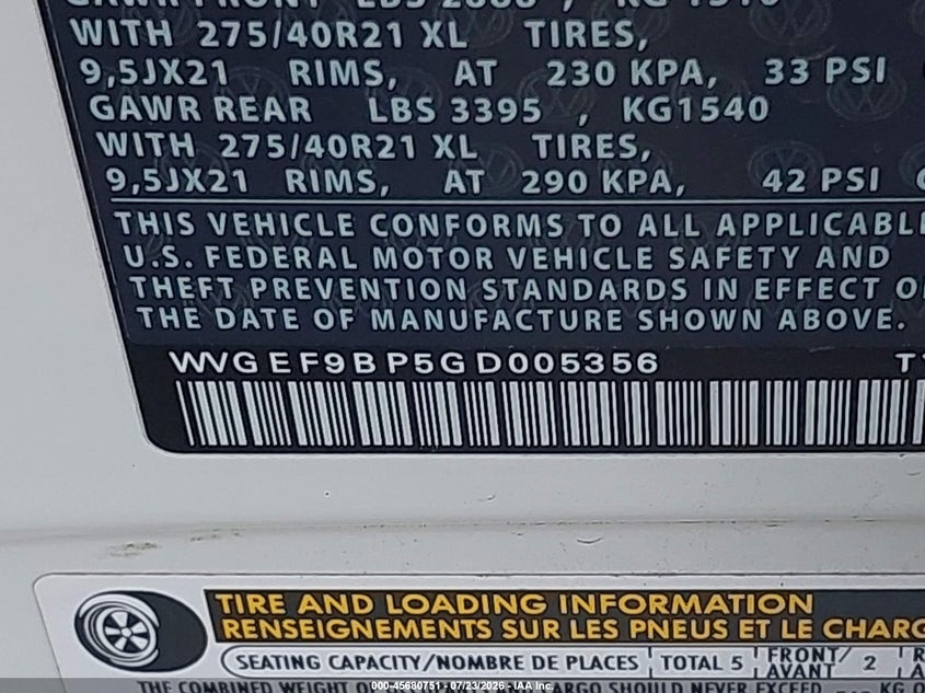 2016 Volkswagen Touareg VIN WVGEF9BP5GD005356 IAAI salvage auction — FRONT END, Salvage (Texas), sold $2,200 on 2026-08-11 (photo 9)