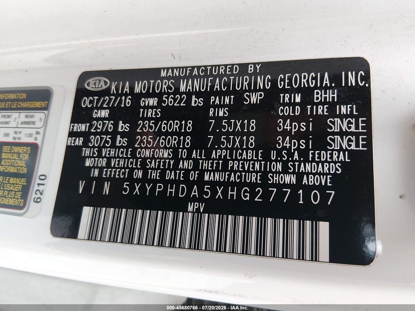 2017 Kia Sorento VIN 5XYPHDA5XHG277107 IAAI salvage auction — NORMAL WEAR, Clear (Illinois), sold $2,100 on 2026-07-29 (photo 9)