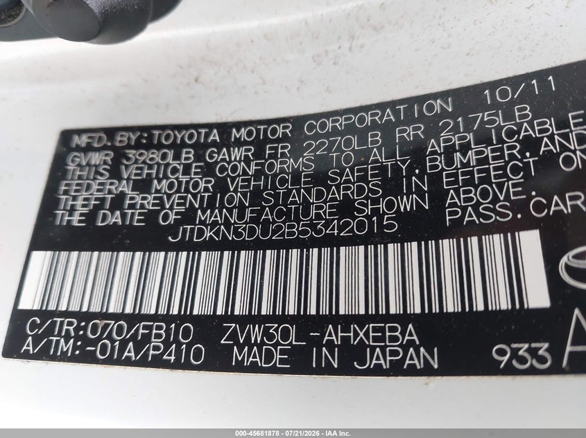 2011 Toyota Prius VIN JTDKN3DU2B5342015 IAAI salvage auction — NORMAL WEAR, Clear (Virginia), sold $1,350 on 2026-07-27 (photo 9)