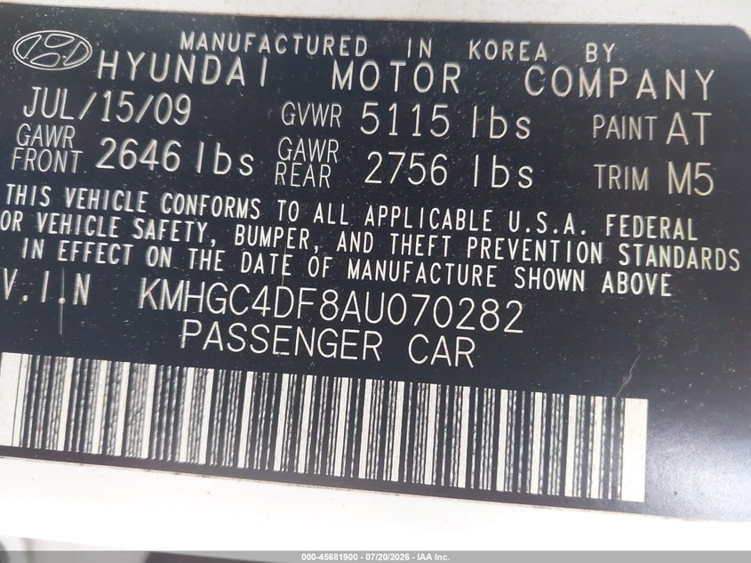2010 Hyundai Genesis VIN KMHGC4DF8AU070282 IAAI salvage auction — NORMAL WEAR, Clear (Tennessee), sold $25 on 2026-07-30 (photo 9)