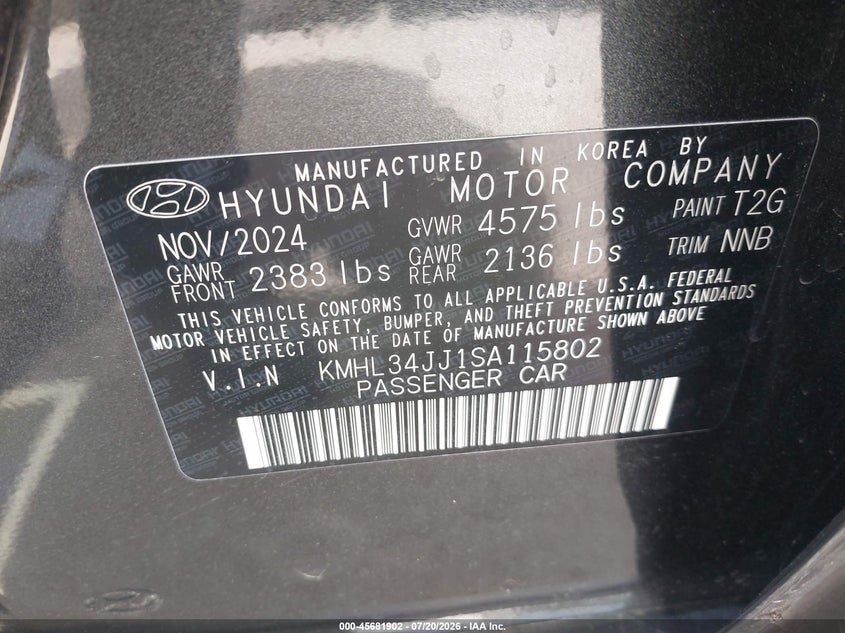 2025 Hyundai Sonata VIN KMHL34JJ1SA115802 IAAI salvage auction — FRONT & REAR, Clear - Dealer Only (California), sold $11,500 on 2026-08-19 (photo 9)