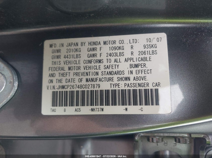 2008 Honda Accord VIN JHMCP26748C027879 IAAI salvage auction — NORMAL WEAR, Clear (Indiana), sold $3,450 on 2026-07-28 (photo 9)