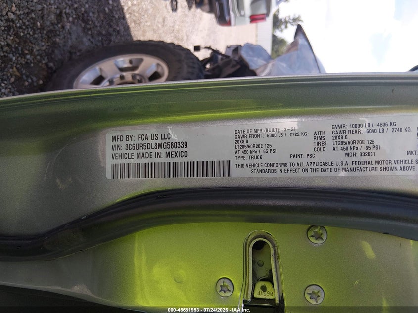 2021 Ram 2500 VIN 3C6UR5DL8MG580339 IAAI salvage auction — FRONT END, Salvage Title, sold $11,100 on 2026-08-21 (photo 8)