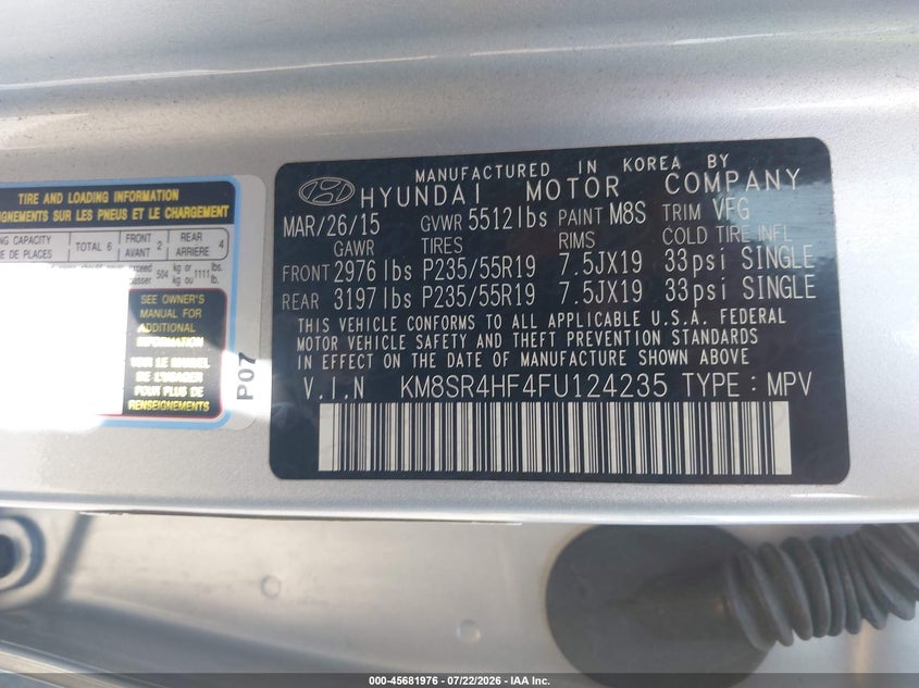 2015 Hyundai Santa fe VIN KM8SR4HF4FU124235 IAAI salvage auction — NORMAL WEAR, Clear - Dealer Only (California), sold $1,250 on 2026-07-28 (photo 9)