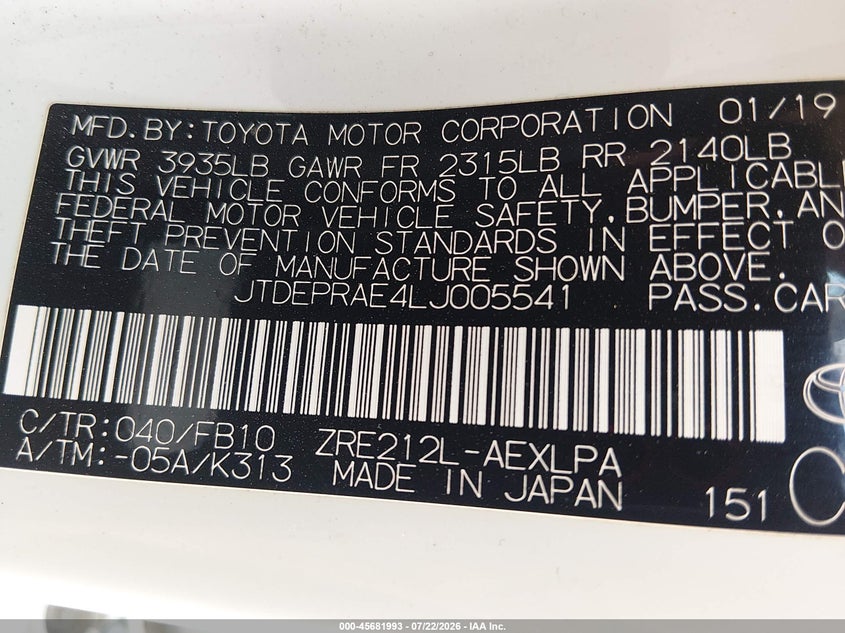 2020 Toyota Corolla VIN JTDEPRAE4LJ005541 IAAI salvage auction — HAIL, Clear (Kansas), sold $25 on 2026-07-24 (photo 9)