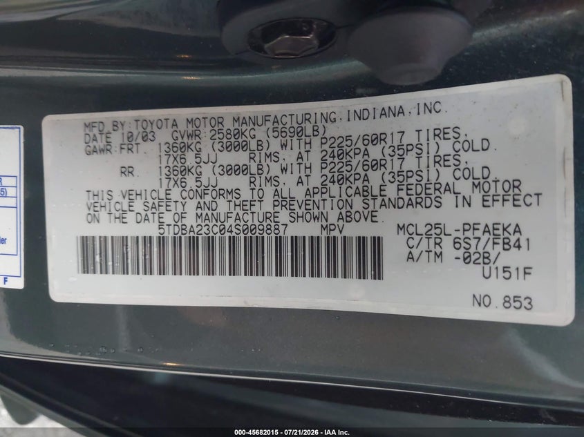 2004 Toyota Sienna VIN 5TDBA23C04S009887 IAAI salvage auction — NORMAL WEAR, Clear (Pennsylvania), sold $175 on 2026-07-28 (photo 9)