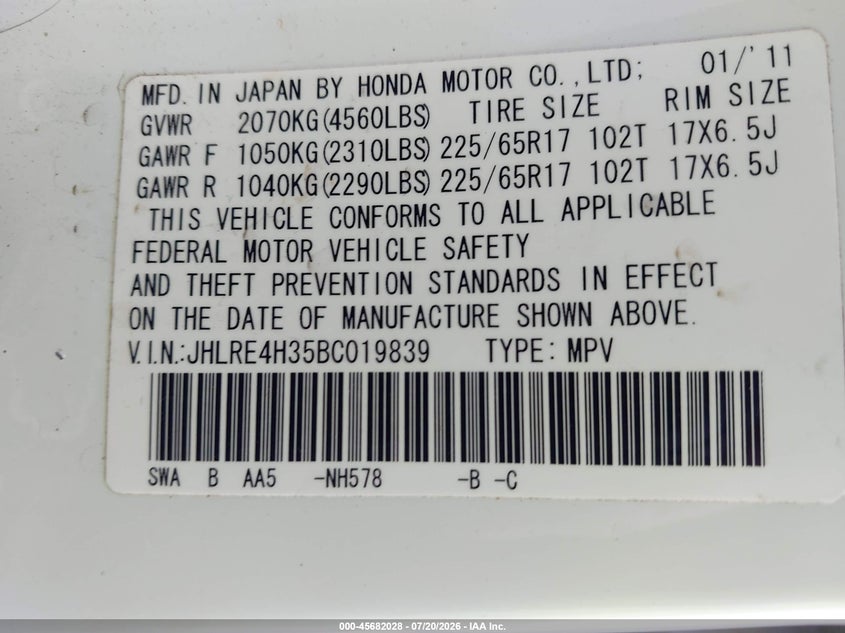 2011 Honda Cr-v VIN JHLRE4H35BC019839 IAAI salvage auction — NORMAL WEAR, Original (Maine), sold $450 on 2026-07-27 (photo 9)