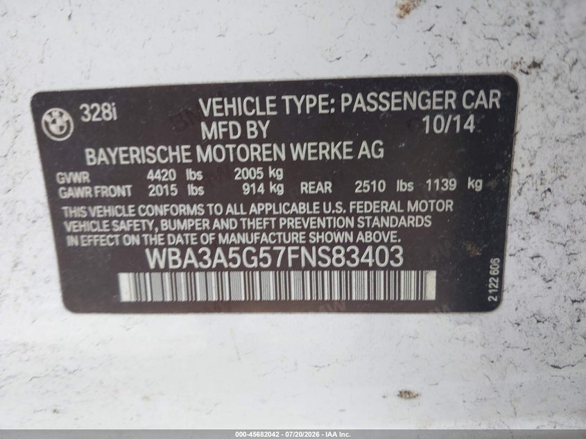 2015 BMW 3er VIN WBA3A5G57FNS83403 IAAI salvage auction — NORMAL WEAR, Wait Title, sold $1,900 on 2026-08-03 (photo 9)