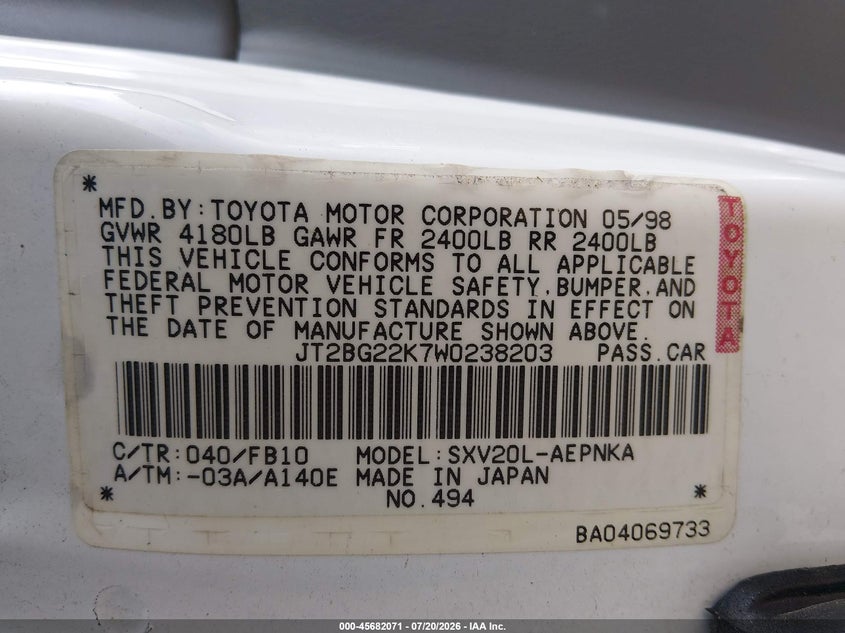 1998 Toyota Camry VIN JT2BG22K7W0238203 IAAI salvage auction — NORMAL WEAR, Clear - Dealer Only (California), sold $400 on 2026-07-29 (photo 9)