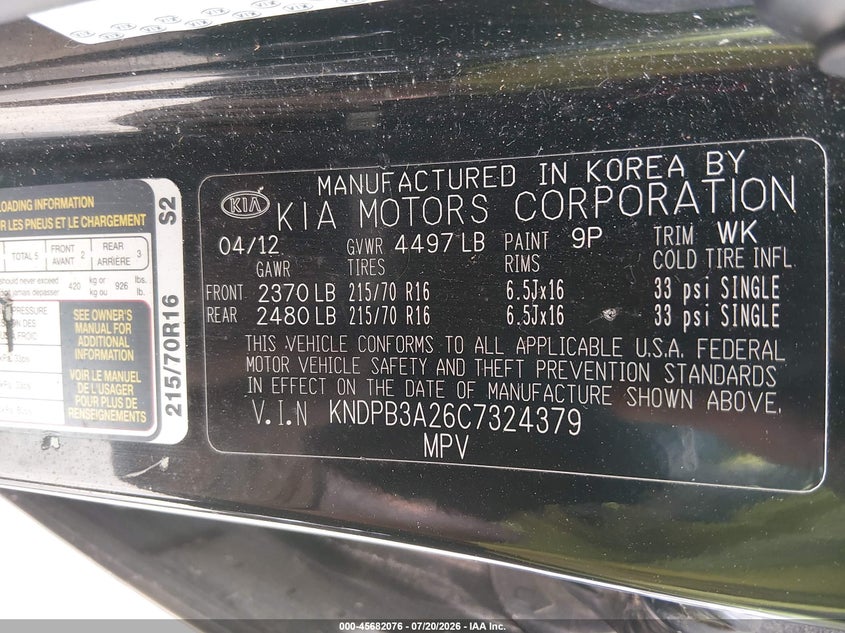 2012 Kia Sportage VIN KNDPB3A26C7324379 IAAI salvage auction — NORMAL WEAR, Clear (Indiana), sold $900 on 2026-07-29 (photo 9)