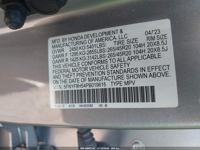 2023 Honda Passport VIN 5FNYF8H54PB019615 IAAI salvage auction — FRONT & REAR, Salvage Title, sold $9,475 on 2026-08-21 (photo 9)
