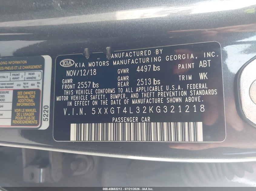 2019 Kia Optima VIN 5XXGT4L32KG321218 IAAI salvage auction — NORMAL WEAR, Clear (Florida), sold $800 on 2026-07-28 (photo 9)