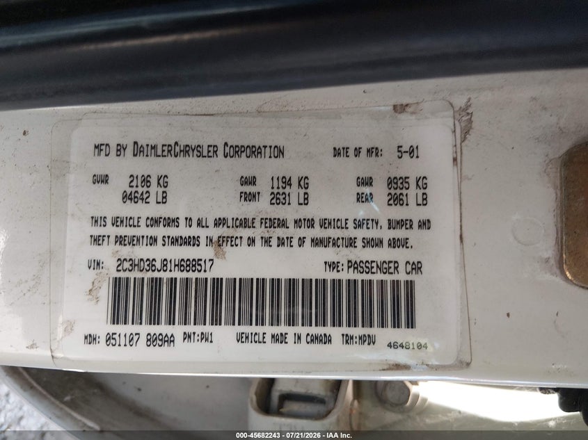 2001 Chrysler Concorde VIN 2C3HD36J81H688517 IAAI salvage auction — NORMAL WEAR, Clear (Colorado), sold $75 on 2026-07-22 (photo 9)