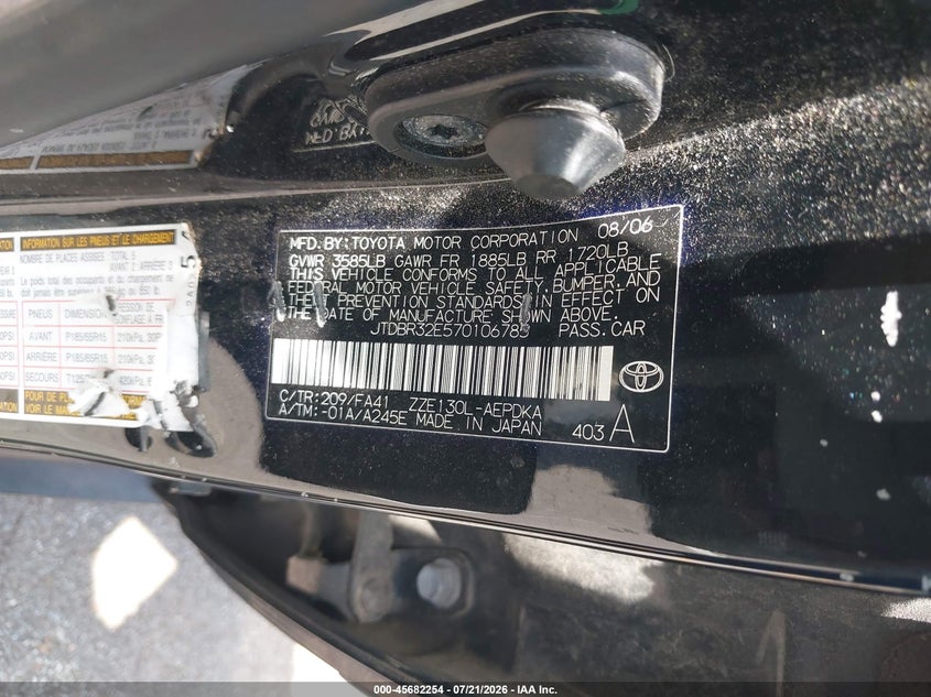 2007 Toyota Corolla VIN JTDBR32E570106785 IAAI salvage auction — NORMAL WEAR, Clear (Tennessee), sold $50 on 2026-07-28 (photo 9)