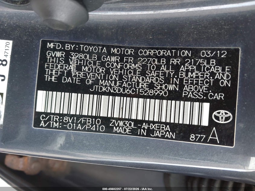 2012 Toyota Prius VIN JTDKN3DU6C1528990 IAAI salvage auction — SIDE, Clear (New York), sold $25 on 2026-07-28 (photo 9)