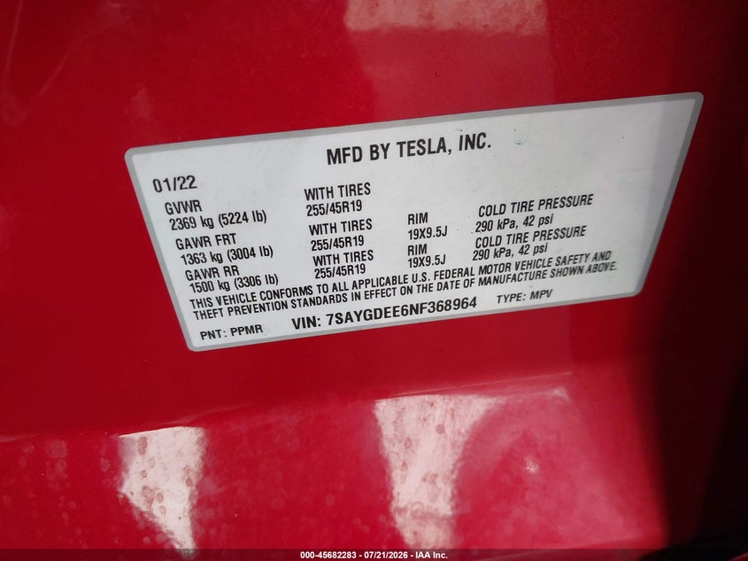 2022 Tesla Model y VIN 7SAYGDEE6NF368964 IAAI salvage auction — REAR END, Salvage Title, sold $7,600 on 2026-08-01 (photo 9)