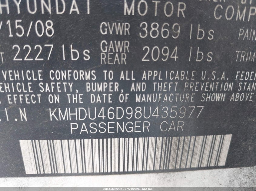 2008 Hyundai Elantra VIN KMHDU46D98U435977 IAAI salvage auction — NORMAL WEAR, Clear (Kansas), sold $25 on 2026-07-29 (photo 9)