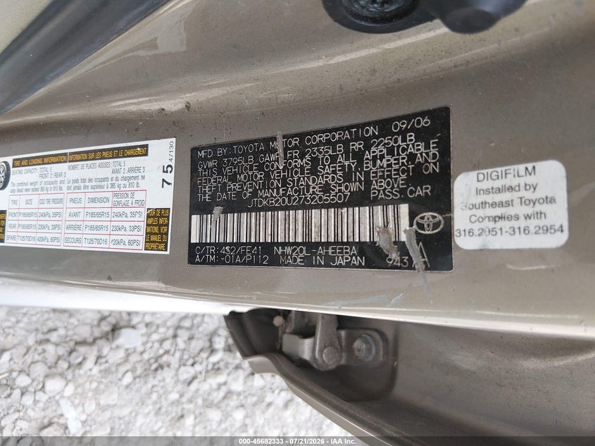 2007 Toyota Prius VIN JTDKB20U273205507 IAAI salvage auction — NORMAL WEAR, Clear (Georgia), sold $350 on 2026-07-31 (photo 9)