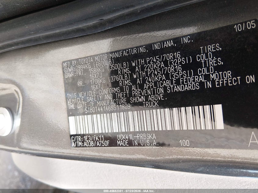 2006 Toyota Tundra VIN 5TBDT44146S511809 IAAI salvage auction — REAR END, Clear (Arkansas), sold $775 on 2026-07-30 (photo 9)