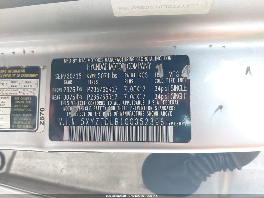 2016 Hyundai Santa fe VIN 5XYZTDLB1GG352396 IAAI salvage auction — NORMAL WEAR, Clear (Georgia), sold $1,450 on 2026-07-28 (photo 9)