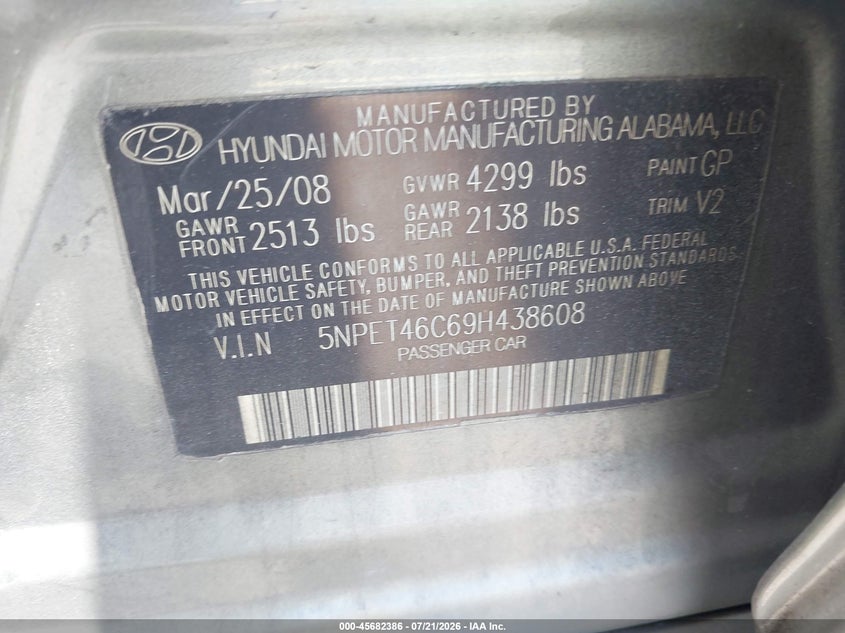 2009 Hyundai Sonata VIN 5NPET46C69H438608 IAAI salvage auction — RIGHT FRONT, Rebuildable (Florida), sold $550 on 2026-08-02 (photo 9)