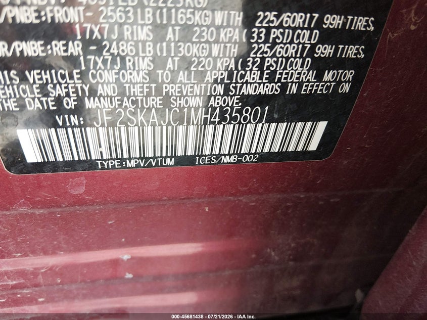 2021 Subaru Forester VIN JF2SKAJC1MH435801 IAAI salvage auction — LEFT & RIGHT, Salvage (Kansas), sold $2,500 on 2026-08-25 (photo 9)