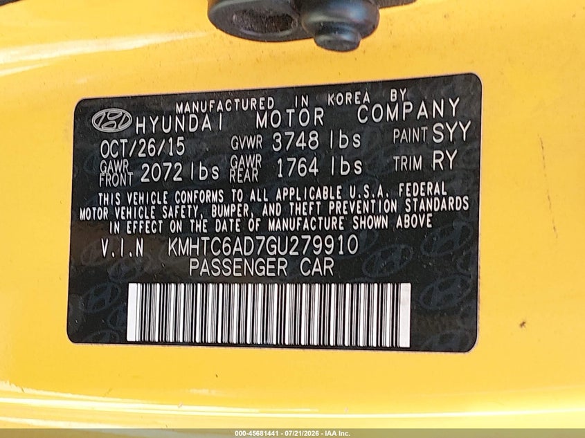 2016 Hyundai Veloster VIN KMHTC6AD7GU279910 IAAI salvage auction — NORMAL WEAR, Original (Texas), sold $650 on 2026-07-28 (photo 9)