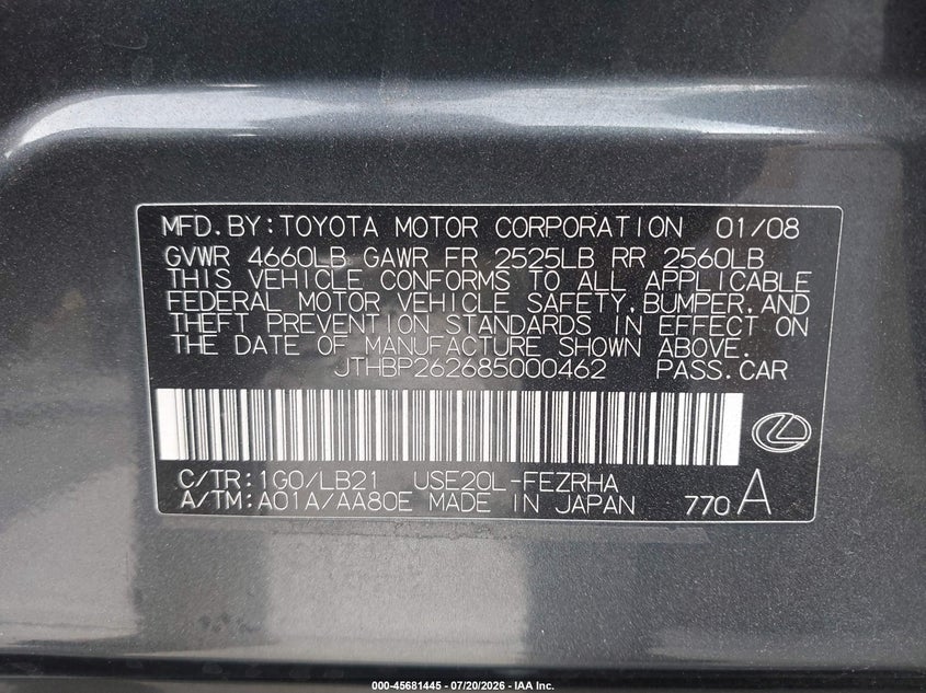 2008 Lexus Is f VIN JTHBP262685000462 IAAI salvage auction — FRONT END, Salvage Certificate (California), sold $50 on 2026-07-24 (photo 9)