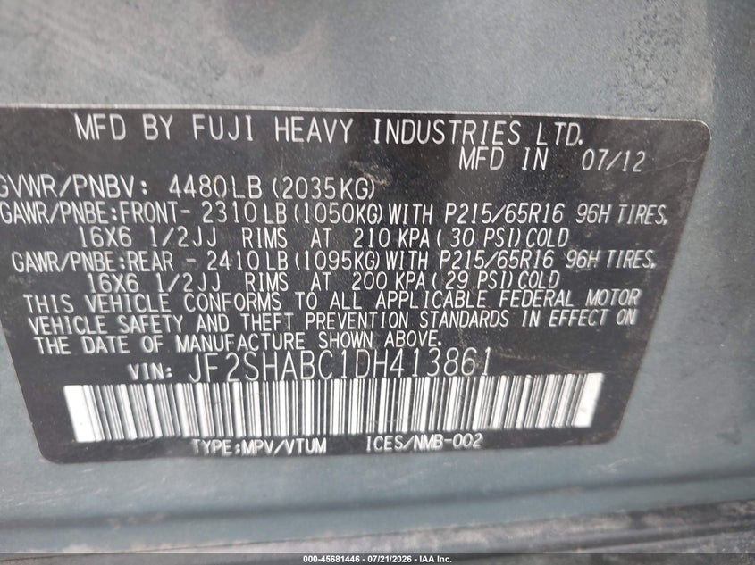 2013 Subaru Forester VIN JF2SHABC1DH413861 IAAI salvage auction — NORMAL WEAR, Clear (Massachusetts), sold $425 on 2026-07-31 (photo 9)