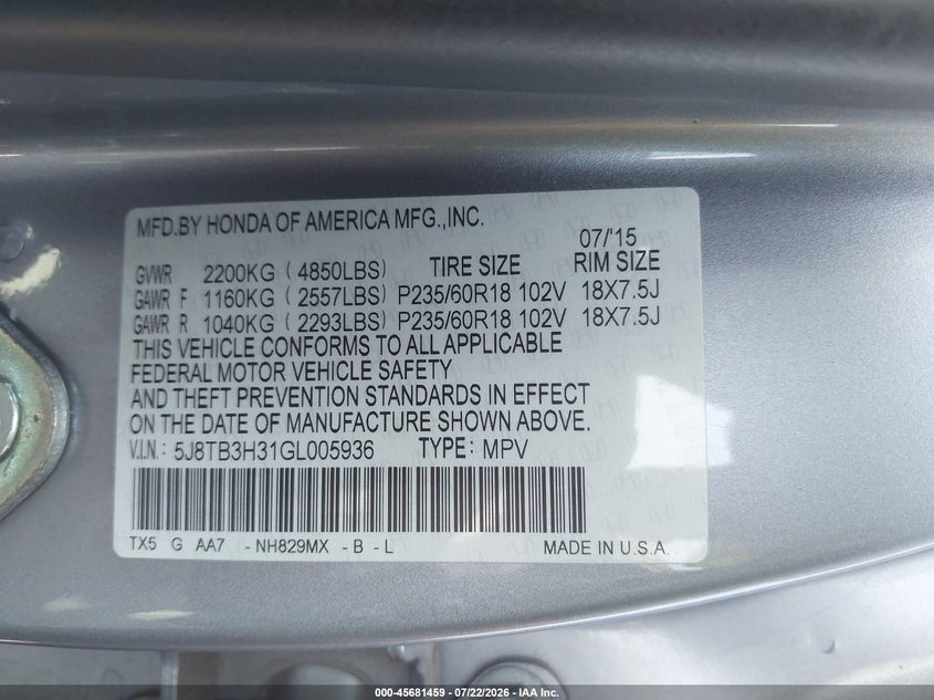 2016 Acura Rdx VIN 5J8TB3H31GL005936 IAAI salvage auction — RIGHT REAR, Salvage Title, sold $100 on 2026-09-08 (photo 9)