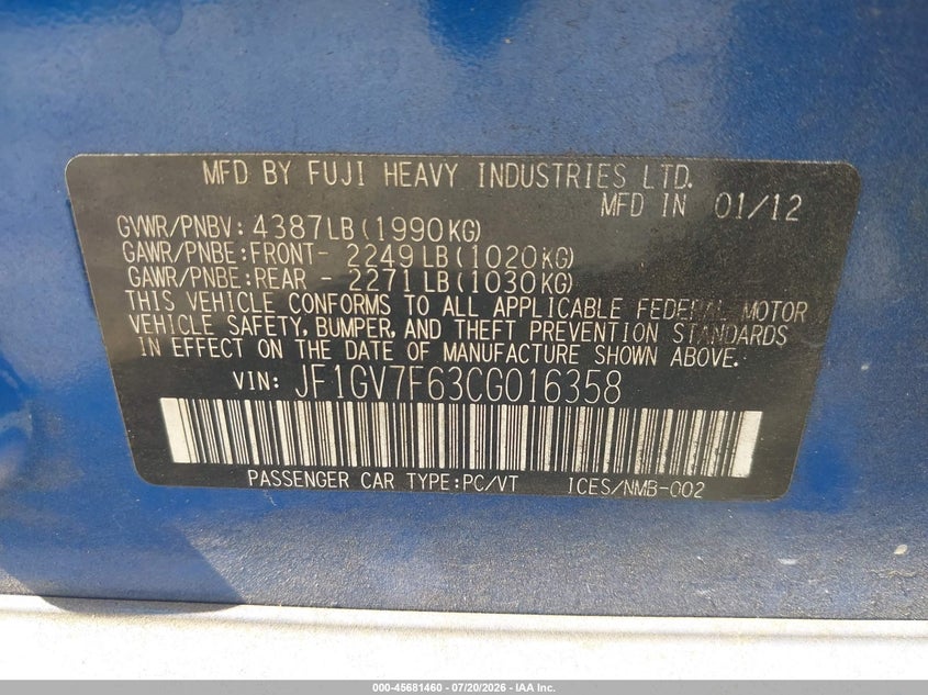 2012 Subaru Impreza VIN JF1GV7F63CG016358 IAAI salvage auction — NORMAL WEAR, Clear (Florida), sold $825 on 2026-07-23 (photo 9)