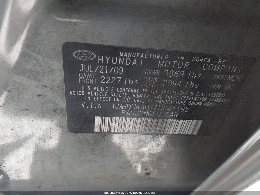 2010 Hyundai Elantra VIN KMHDU4AD1AU844195 IAAI salvage auction — NORMAL WEAR, Clear - Dealer Only (California), sold $25 on 2026-07-30 (photo 9)