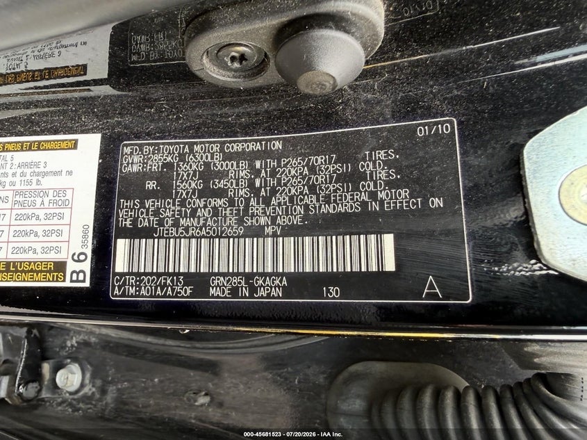 2010 Toyota 4runner VIN JTEBU5JR6A5012659 IAAI salvage auction — NORMAL WEAR, Clear (Montana), sold $7,900 on 2026-07-29 (photo 9)