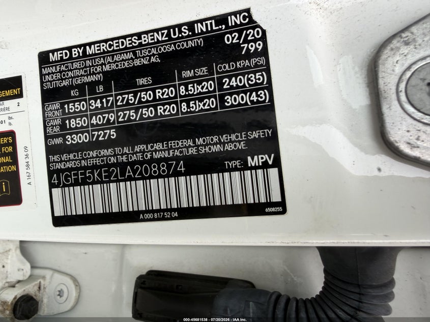 2020 Mercedes-benz Gls-klasse VIN 4JGFF5KE2LA208874 IAAI salvage auction — NORMAL WEAR, Clear (New York), sold $25 on 2026-07-29 (photo 8)