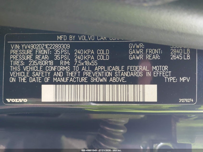 2012 Volvo Xc60 VIN YV4902DZ1C2289309 IAAI salvage auction — FRONT END, Wait Title, sold $775 on 2026-08-19 (photo 9)