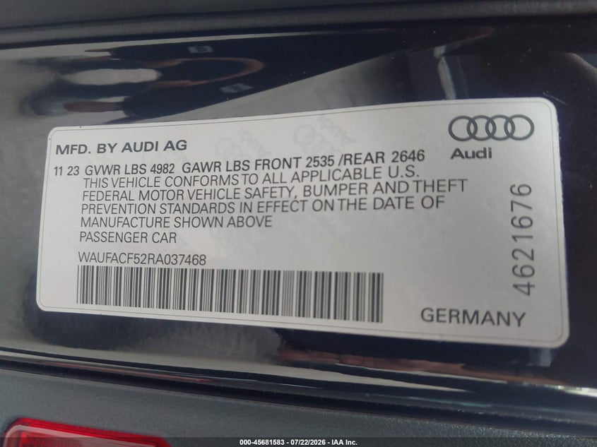 2024 Audi A5 VIN WAUFACF52RA037468 IAAI salvage auction — HAIL, Salvage (Ohio), sold $23,250 on 2026-08-25 (photo 9)