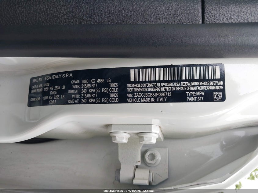 2018 Jeep Renegade VIN ZACCJBCB3JPG86713 IAAI salvage auction — REAR END, Wait Title, sold $2,050 on 2026-08-03 (photo 9)